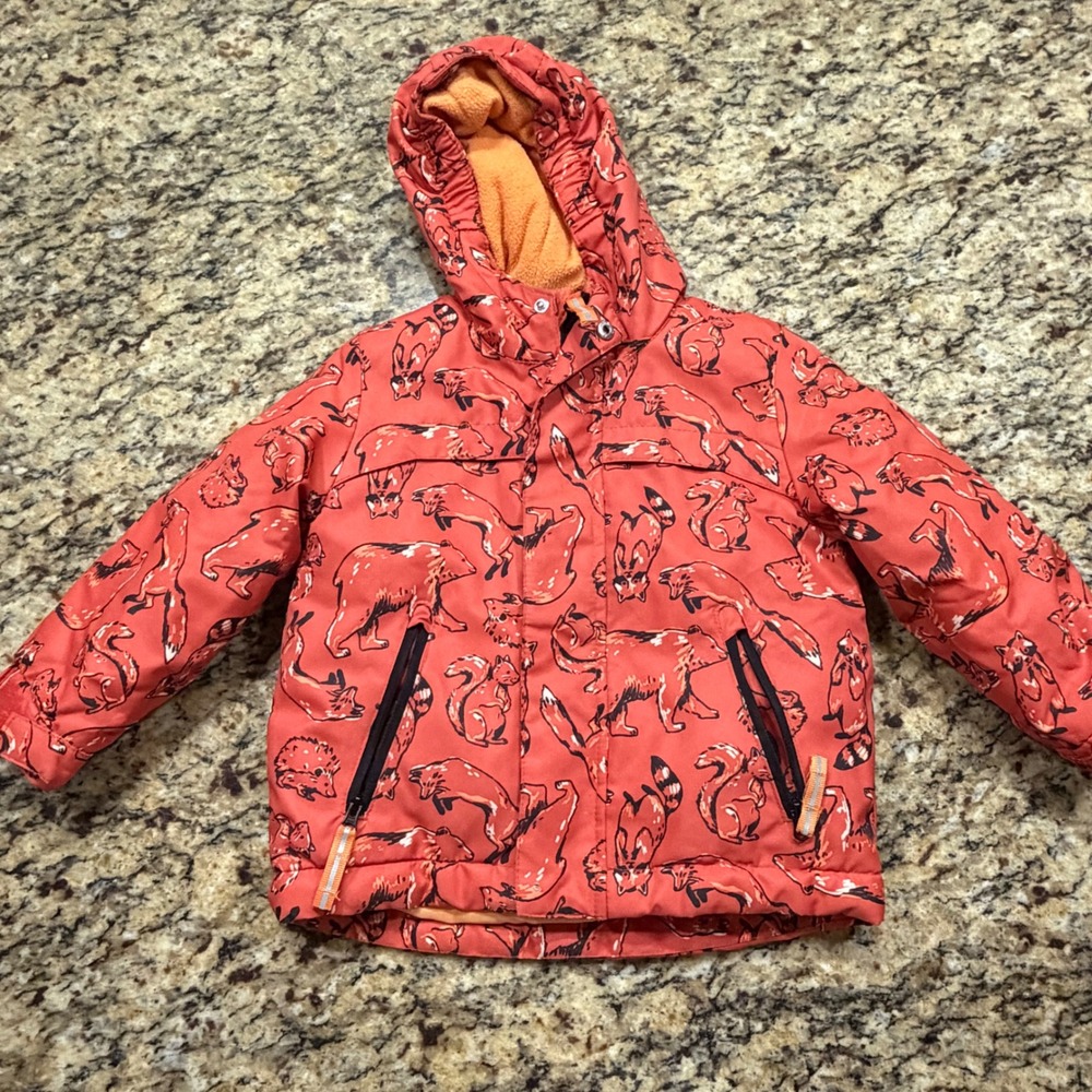 Cat & Jack Toddler Boys Orange Woodland Animal Print Puffer Jacket Hooded 2T